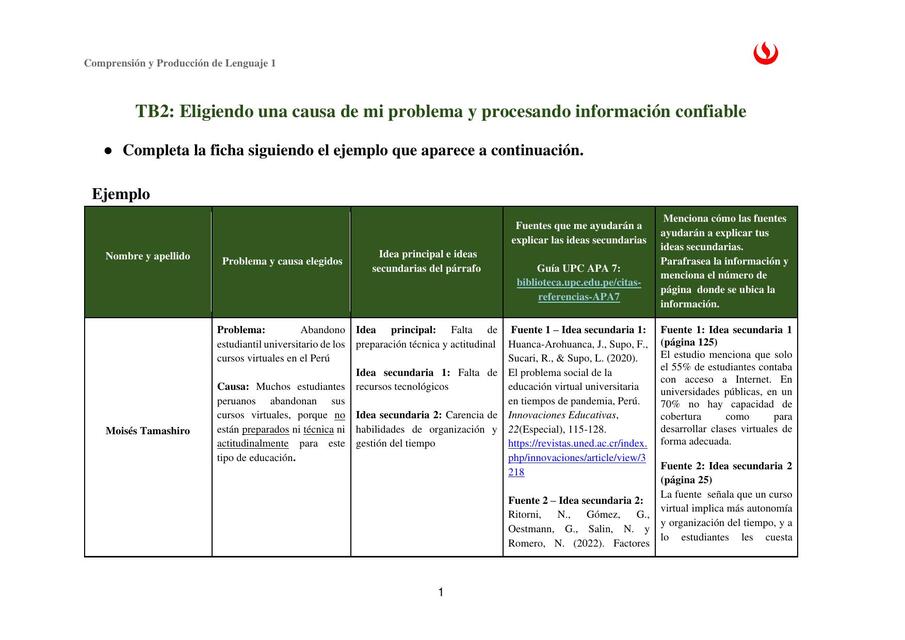 Causa y Fuentes TB2_Comprensión y producción lectora