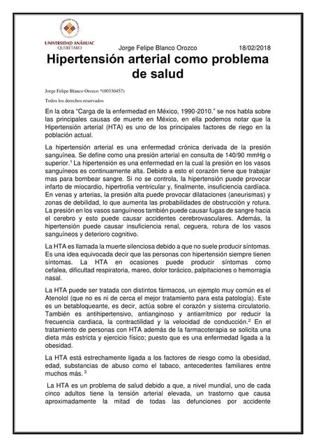 Hipertensión arterial, problema de salud publica en México y el mundo