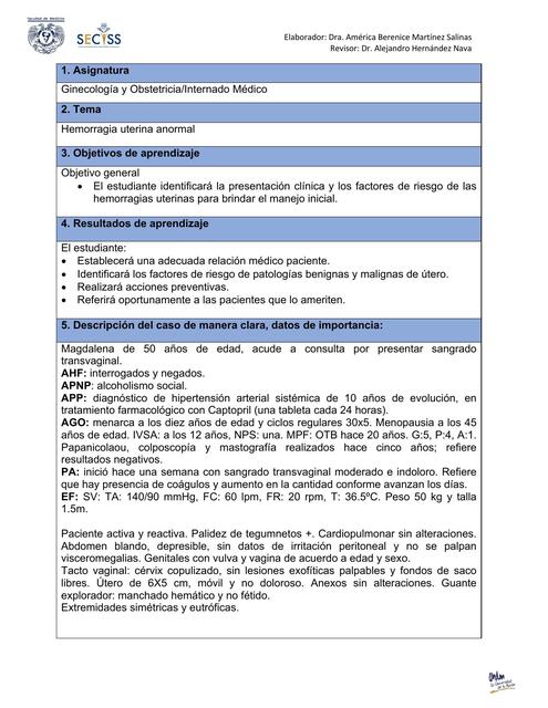 Caso clínico 1 Hemorragía uterina anormal