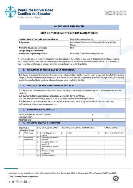 GUÍA 002 Curación y Cuidado de la Vía Periférica