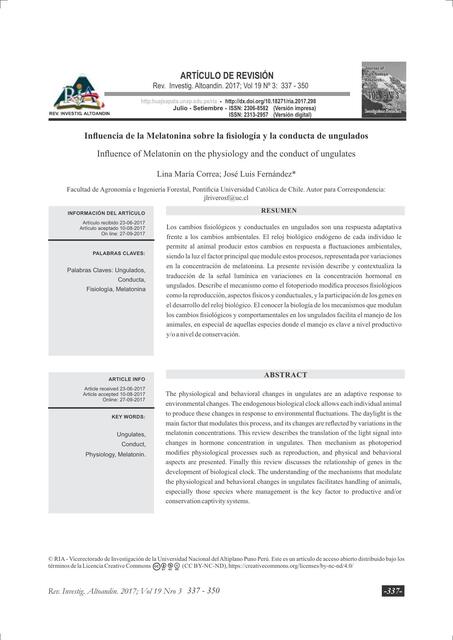 Inﬂuencia de la Melatonina sobre la ﬁsiología y la conducta de ungulados
