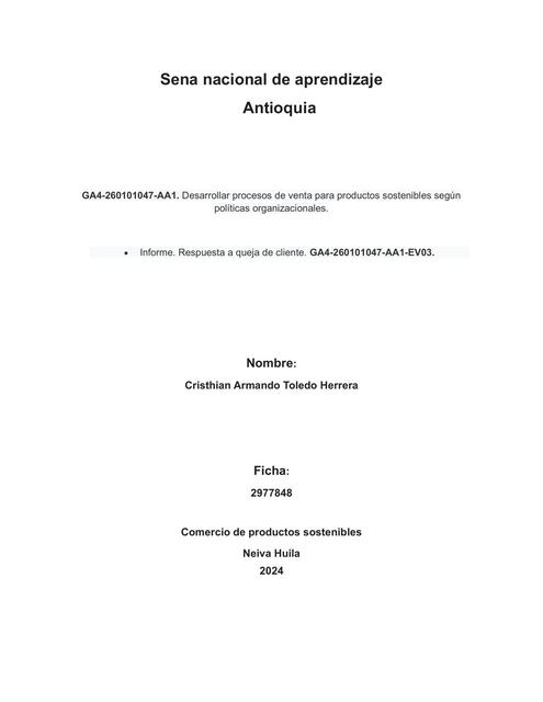 informe 12 Respuesta a queja de cliente GGA4 AA1 E