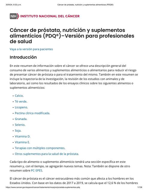 Cáncer de próstata nutrición y suplementos aliment