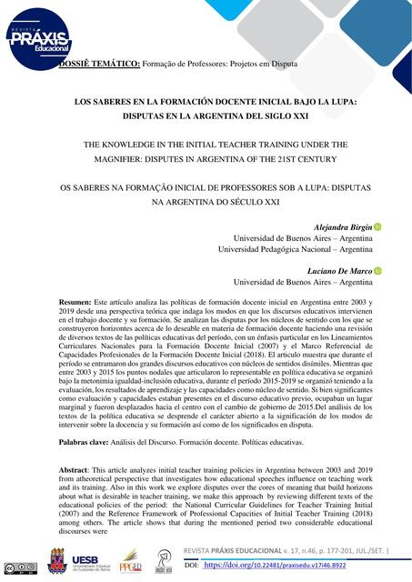 LOS SABERES EN LA FORMACIÓN DOCENTE INICIAL BAJO L