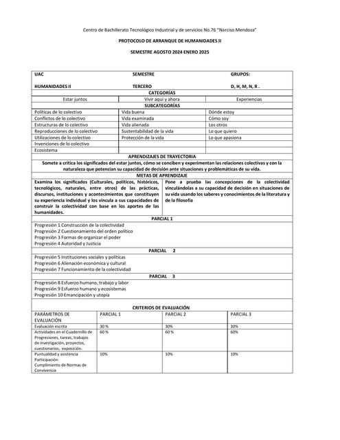 PROTOCOLO DE ARRANQUE HUMANIDADES II