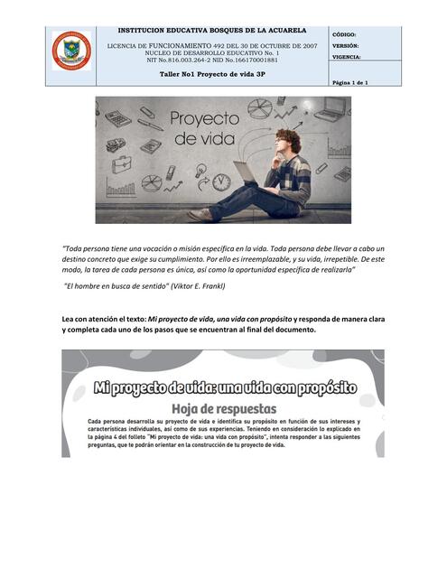 TALLER NO 1 PROYECTO DE VIDA 9 3P | Mariana | uDocz