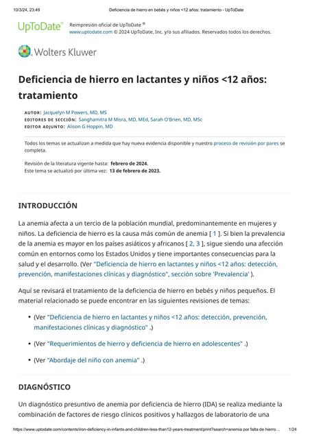 Deficiencia de hierro en bebés y niños 12 años tra