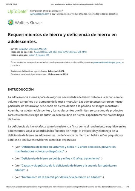 Requerimientos de hierro y deficiencia de hierro enadolescentes.