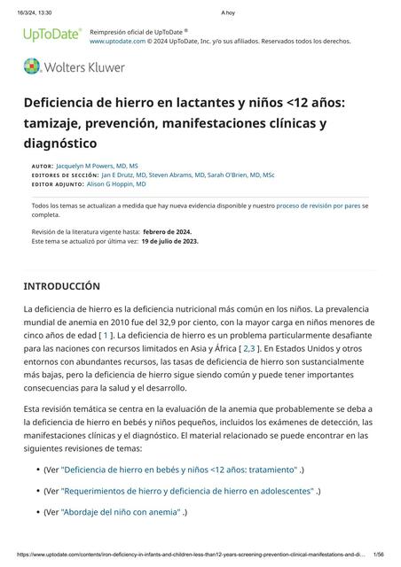 Deficiencia de hierro en lactantes y niños <12 años:tamizaje, prevención, manifestaciones clínicas ydiagnóstico