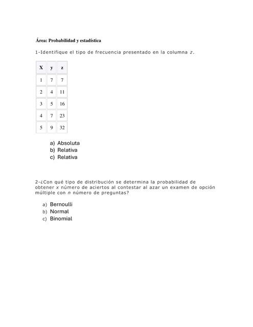 AREA DE PROBABILIDAD Y ESTADISITICA EXANI II