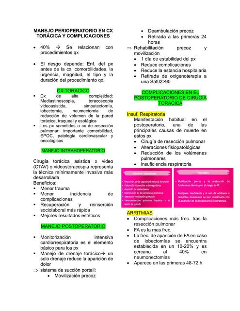 MANEJO PERIOPERATORIO EN CX TORÁCICA Y COMPLICACI