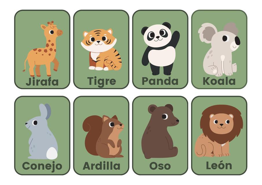 Tarjetas Educativas Animales Ilustrado Verde