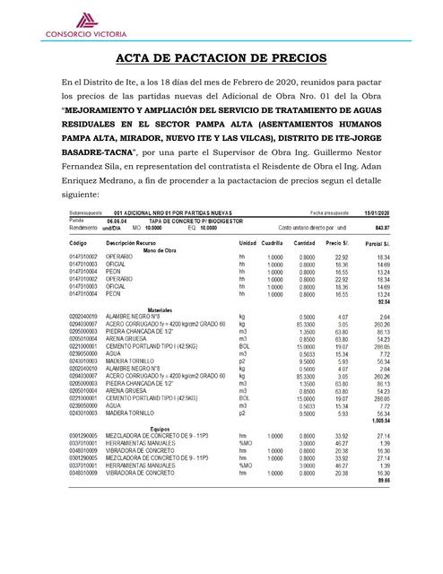 ACTA DE PACTACION DE PRECIOS