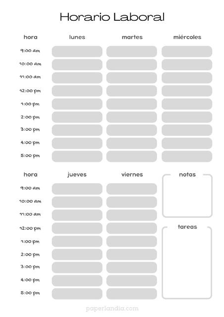 horario laboral con fondo blanco y recuadros grise