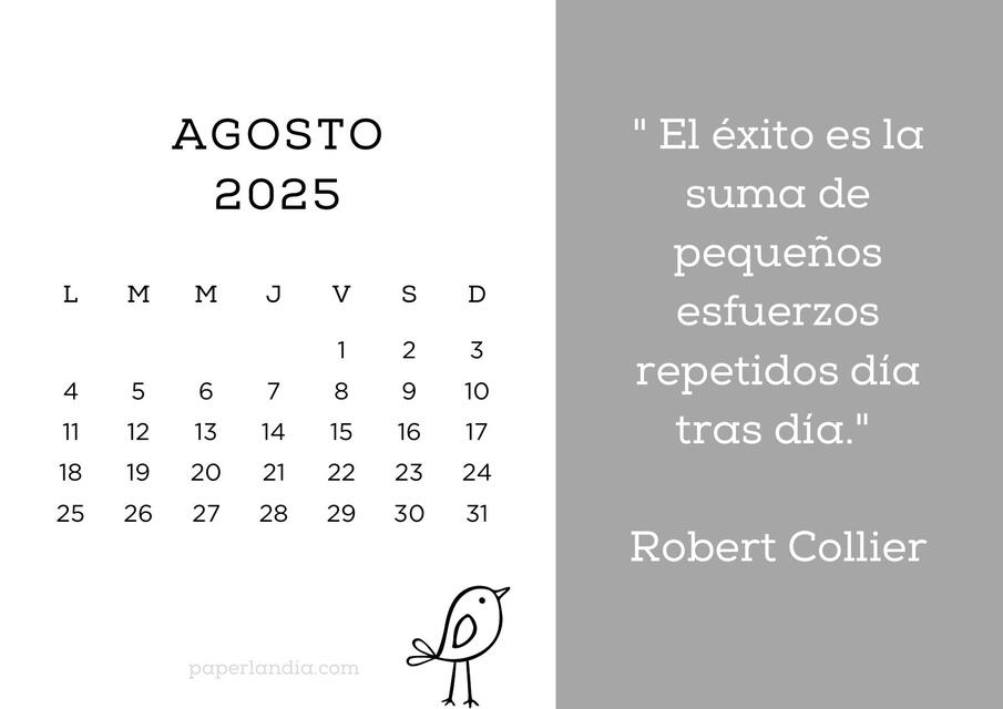 Calendario horizontal motivacional con pajarito y