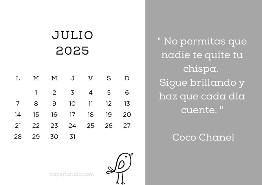 Calendario horizontal motivacional con pajarito y