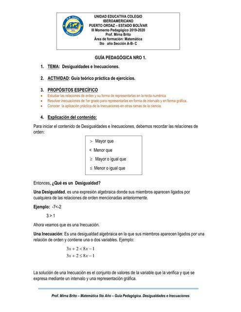 GUIA PEDAGOGICA N 1 MATEMATICA 5TO AÑO