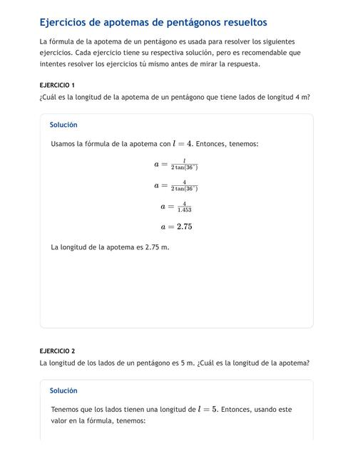 Apotema de un Pentágono resueltos