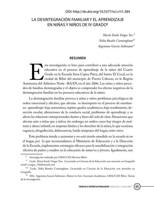 La desintegración familiar y el aprendizaje en niñas y niños de IV grado 