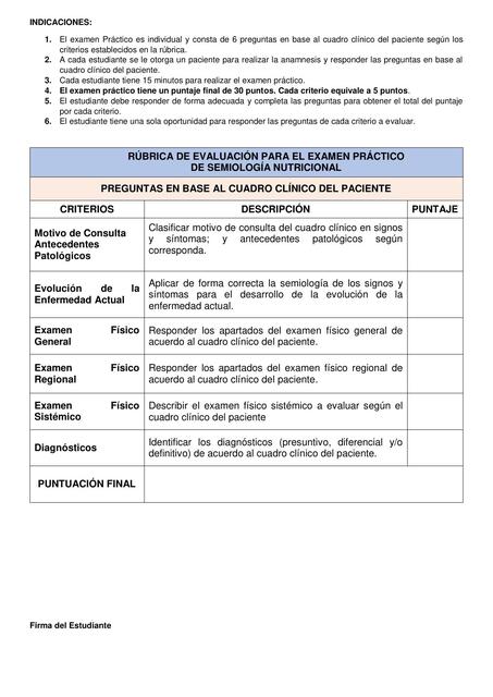 RÚBRICA EXAMEN SEMIOLOGÍA