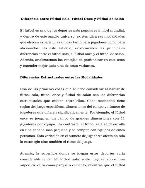 Diferencia entre fútbol sala fútbol once y fútbol | Deporte y Fit | uDocz