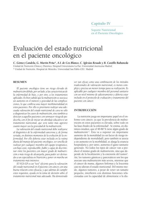 Evaluación del estado nutricionalen el paciente oncológico