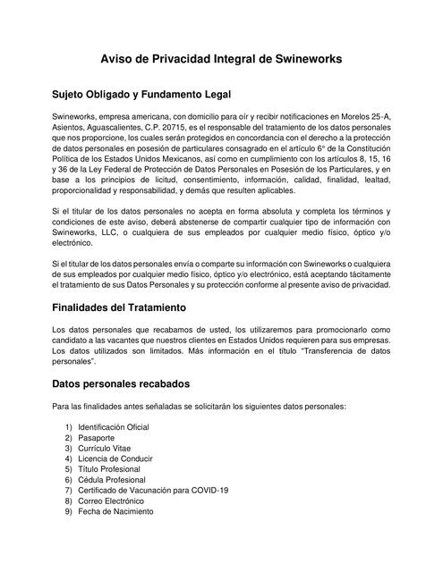 Aviso de Privacidad Integral de Swineworks 3 0