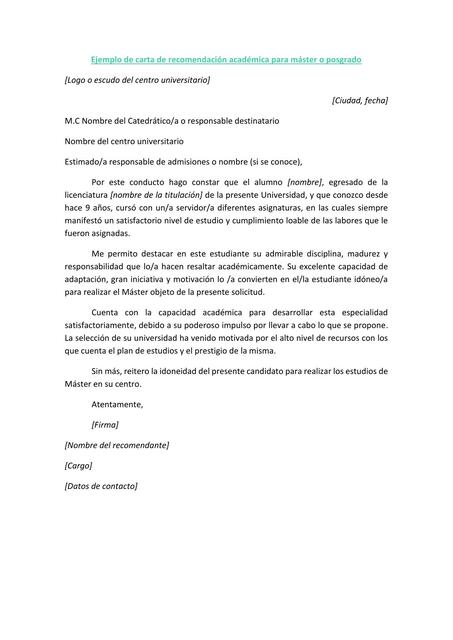 Ejemplo de carta de recomendación académica para m