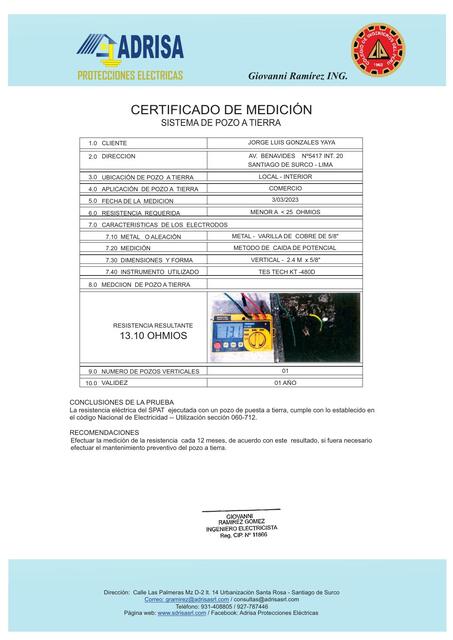 certificado pozo a tierra