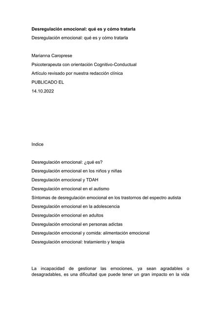 Desregulación emocional | Isabel Ovejero | uDocz