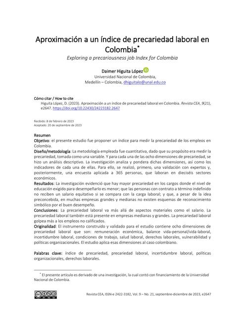 6 Aproximación a un índice de precariedad en Colom