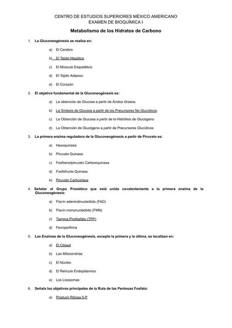 Examen Metabolismo de los Hidratos de Carbono