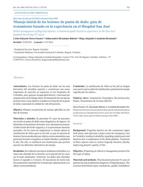 Manejo inicial de las lesiones de punta de dedo: guía de tratamiento basado en la experiencia en el Hospital San José