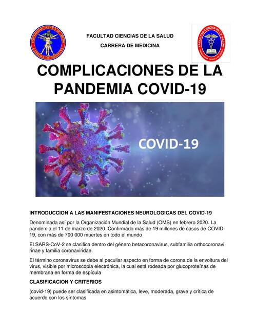 COMPLICACIONES DE LA PANDEMIA COVID 19 GRUPO 9