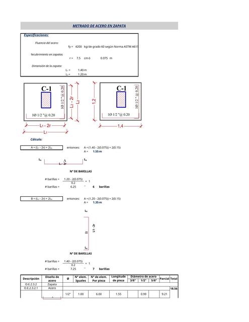 Hoja excel de metrado de acero de zapata