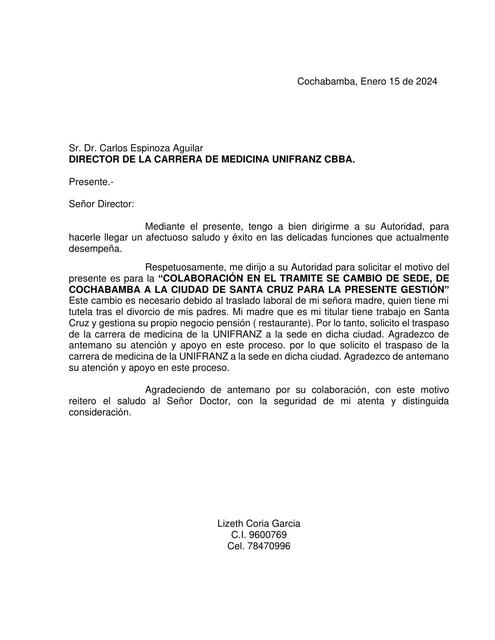 Carta de cambio de sede lizeth