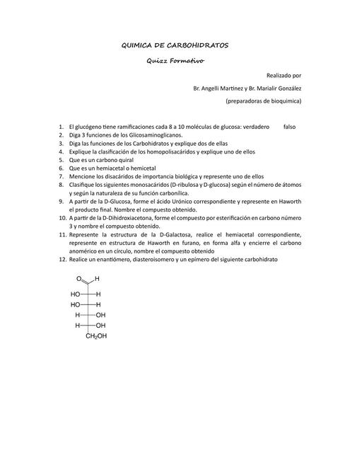 QUIZZ QUIMICA DE CARBOHIDRATOS