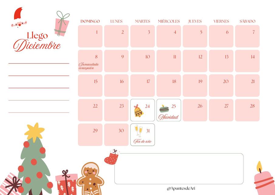 Calendario Diciembre (Mes Navideño) @ApuntesdeAri