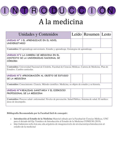 Introduccion a la Medicina Temario Ingreso a Medicina UNC