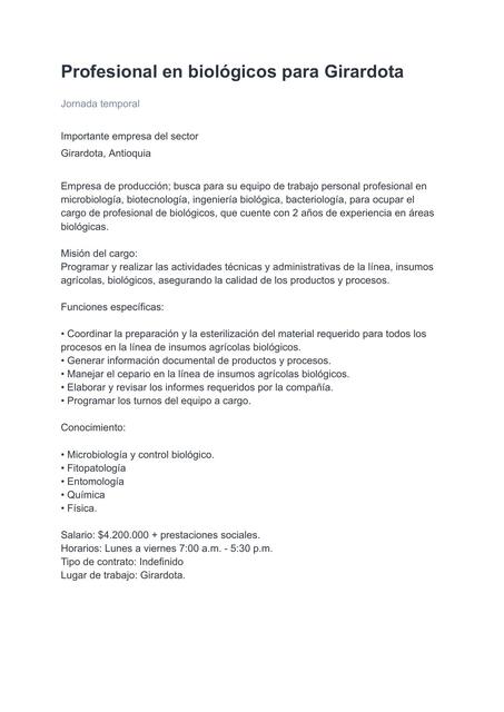 Profesional en biológicos para Girardota