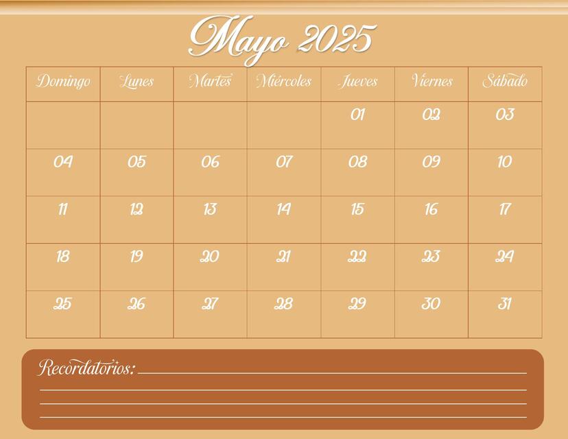 Calendario Mayo 2025