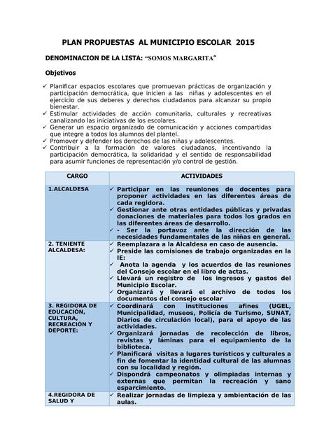 PLAN PROPUESTAS AL MUNICIPIO ESCOLAR