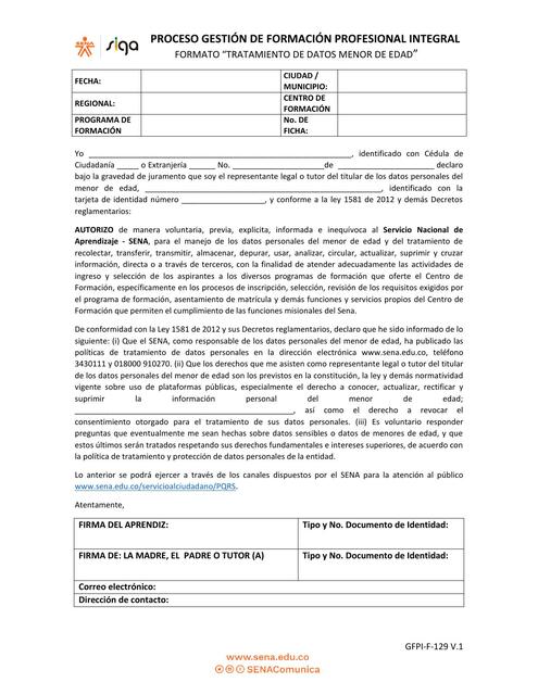 GFPI F 129 formato tratamiento de datos menor de e