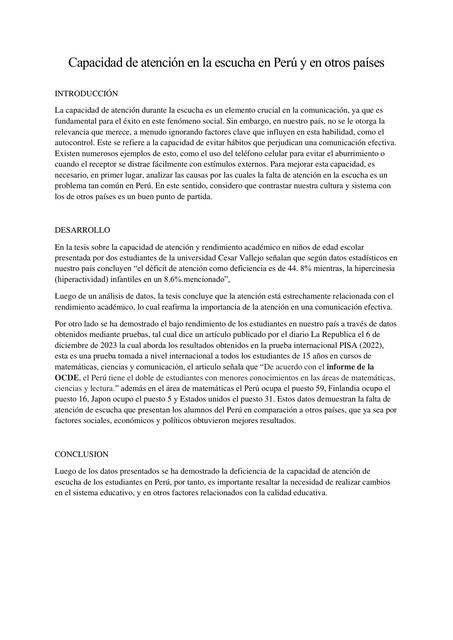 Capacidad de atención en la escucha en Perú y en otros países