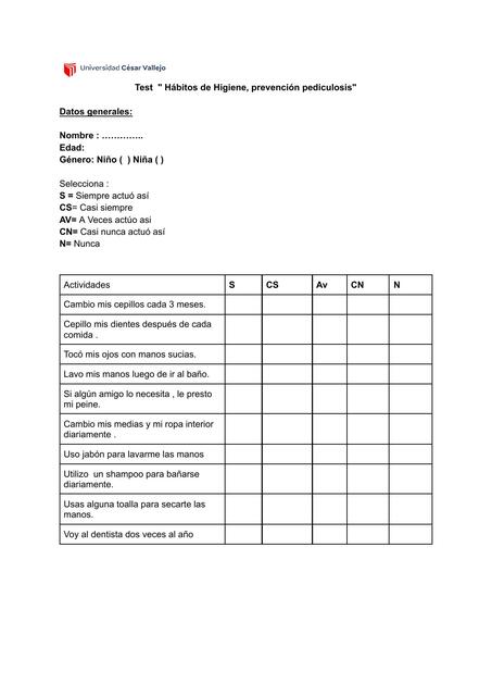 Test Hábitos de Higiene prevención pediculosis Niñ