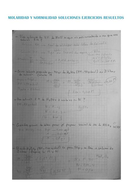 MOLARIDAD Y NORMALIDAD SOLUCIONES EJERCICIOS RESUE