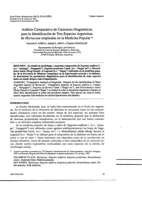 Análisis comparativo de caracteres diagnósticas para la detección de especies