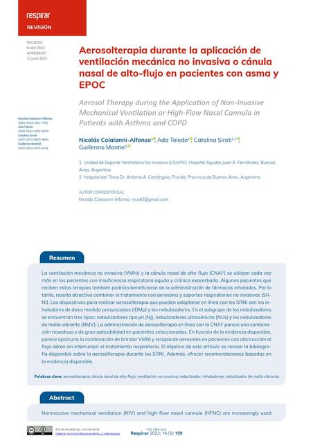 Aerosolterapia durante la aplicación de ventilación