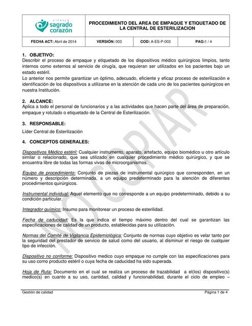 003 PROCEDIMIENTO EMPAQUE ETIQUETADO ESTERILIZACIO