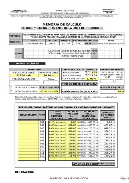 Calculo y Dimensionamiento de Linea de Conducción 